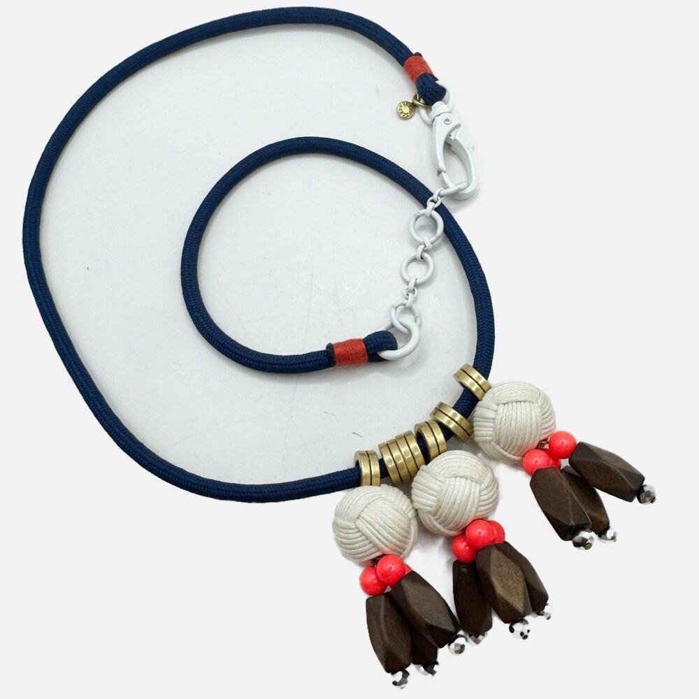 J Crew Nautical boho Rope Ball Wooden Bead Long Necklace Blue Orange Gold 30"